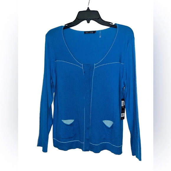 Nic & Zoe Aquamarine Button Up Cardigan Size Petite Large Lightweight Piping NWT - Picture 1 of 6